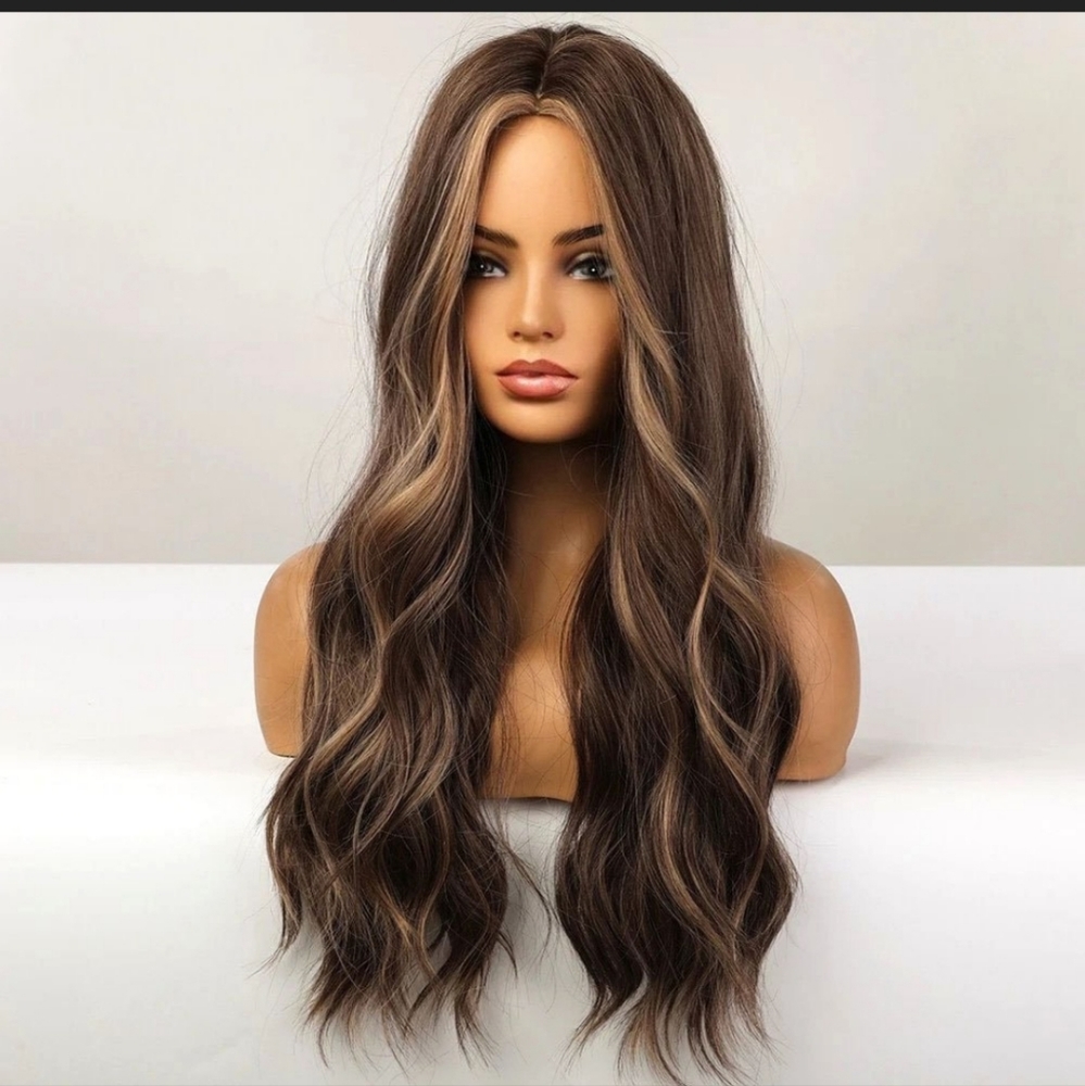 Synthetic Long Brown Wig with Highlights Natural Wavy Heat Resistant Wigs. 26".